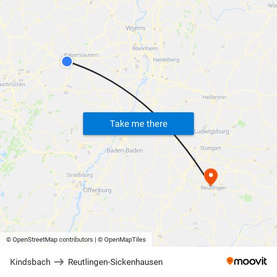 Kindsbach to Reutlingen-Sickenhausen map