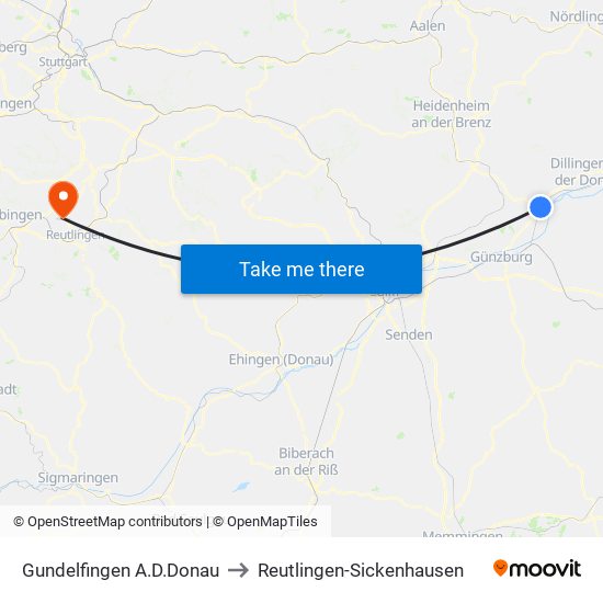 Gundelfingen A.D.Donau to Reutlingen-Sickenhausen map