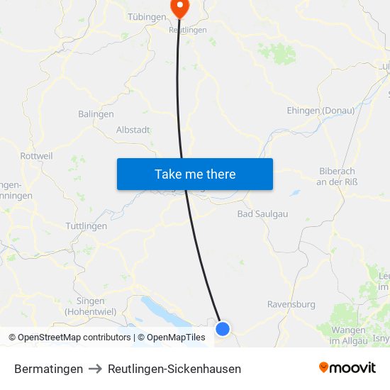 Bermatingen to Reutlingen-Sickenhausen map