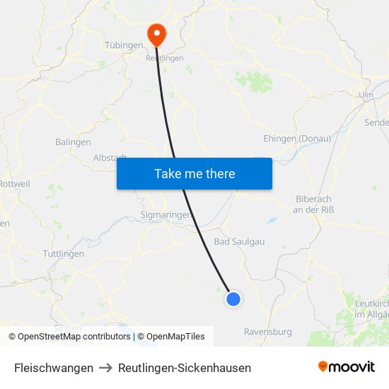 Fleischwangen to Reutlingen-Sickenhausen map