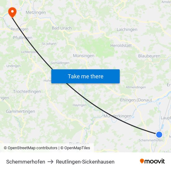 Schemmerhofen to Reutlingen-Sickenhausen map