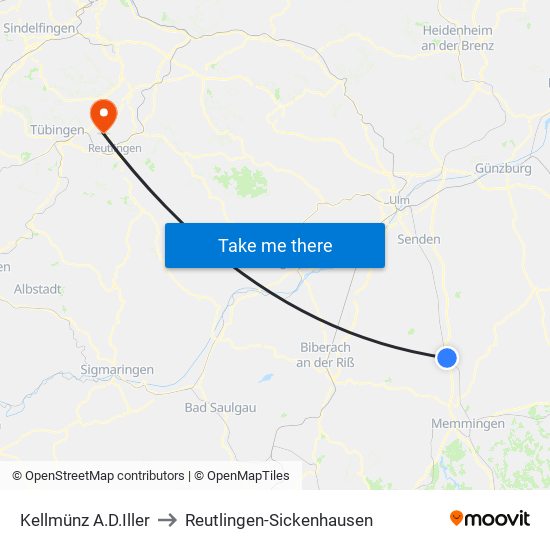 Kellmünz A.D.Iller to Reutlingen-Sickenhausen map