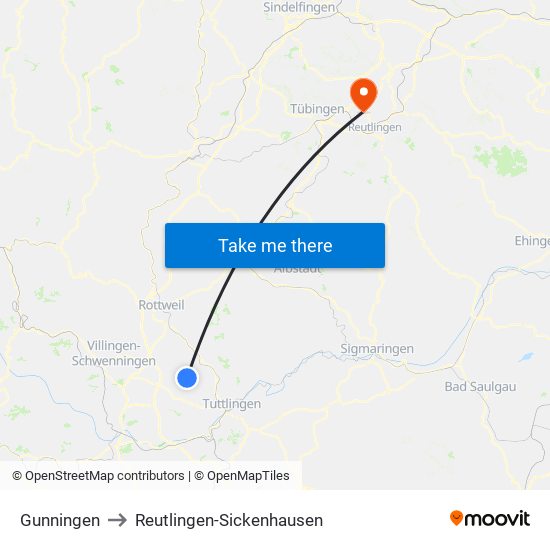 Gunningen to Reutlingen-Sickenhausen map