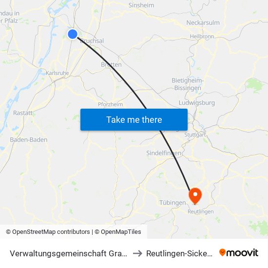 Verwaltungsgemeinschaft Graben-Neudorf to Reutlingen-Sickenhausen map