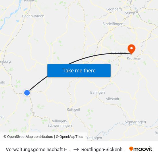 Verwaltungsgemeinschaft Hausach to Reutlingen-Sickenhausen map