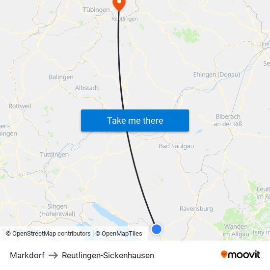 Markdorf to Reutlingen-Sickenhausen map