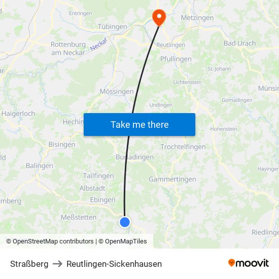 Straßberg to Reutlingen-Sickenhausen map