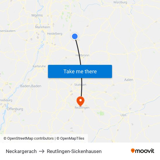 Neckargerach to Reutlingen-Sickenhausen map