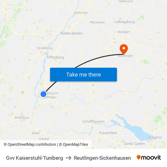 Gvv Kaiserstuhl-Tuniberg to Reutlingen-Sickenhausen map