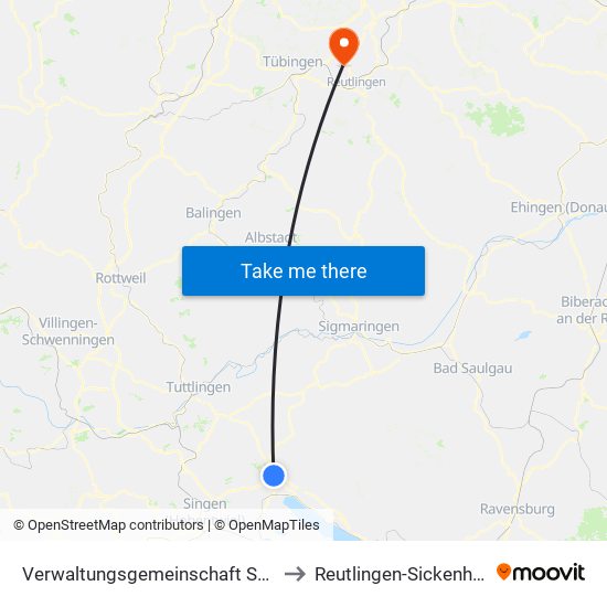 Verwaltungsgemeinschaft Stockach to Reutlingen-Sickenhausen map