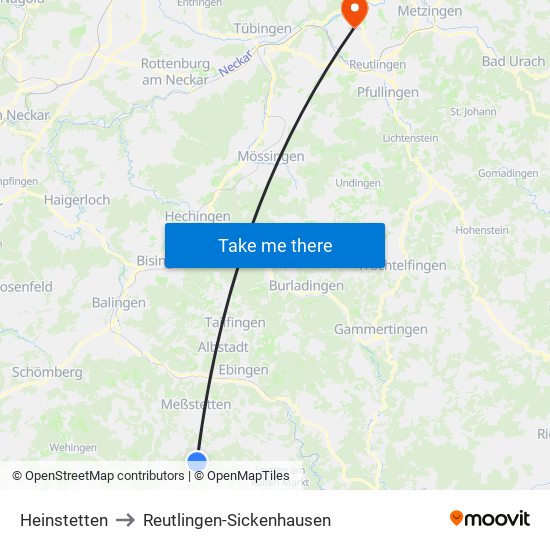 Heinstetten to Reutlingen-Sickenhausen map