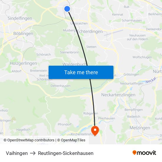 Vaihingen to Reutlingen-Sickenhausen map