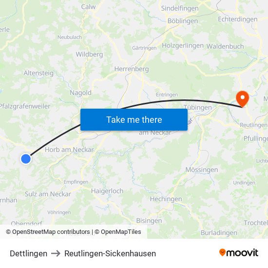 Dettlingen to Reutlingen-Sickenhausen map