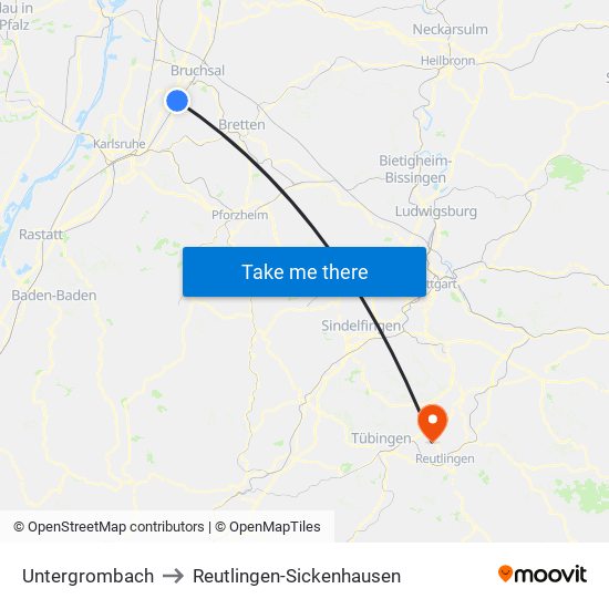 Untergrombach to Reutlingen-Sickenhausen map