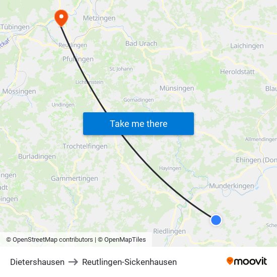 Dietershausen to Reutlingen-Sickenhausen map