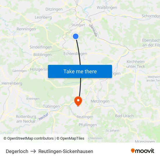 Degerloch to Reutlingen-Sickenhausen map