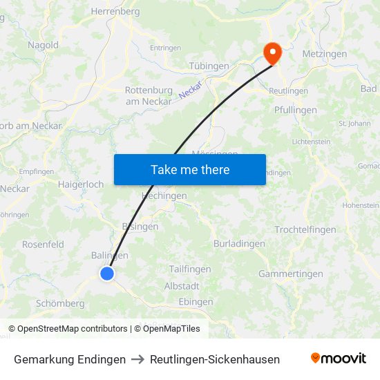 Gemarkung Endingen to Reutlingen-Sickenhausen map