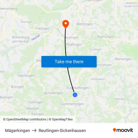 Mägerkingen to Reutlingen-Sickenhausen map