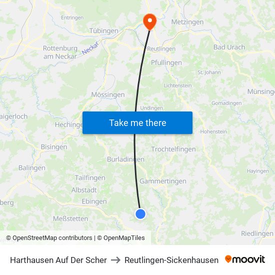 Harthausen Auf Der Scher to Reutlingen-Sickenhausen map