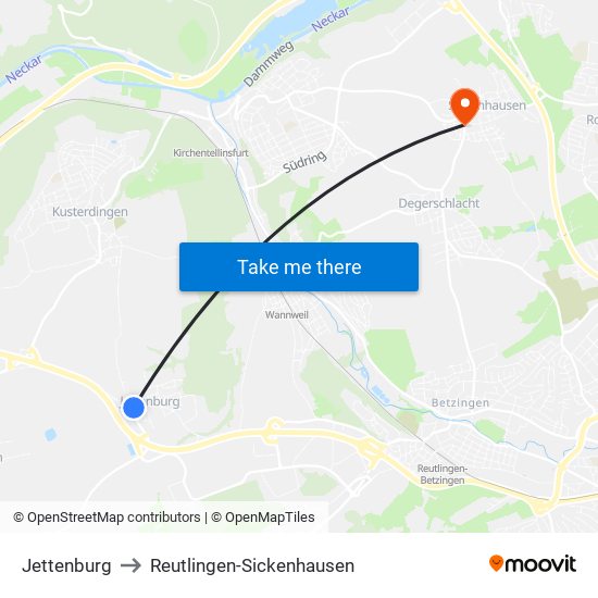 Jettenburg to Reutlingen-Sickenhausen map
