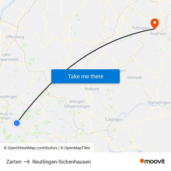 Zarten to Reutlingen-Sickenhausen map