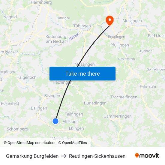 Gemarkung Burgfelden to Reutlingen-Sickenhausen map
