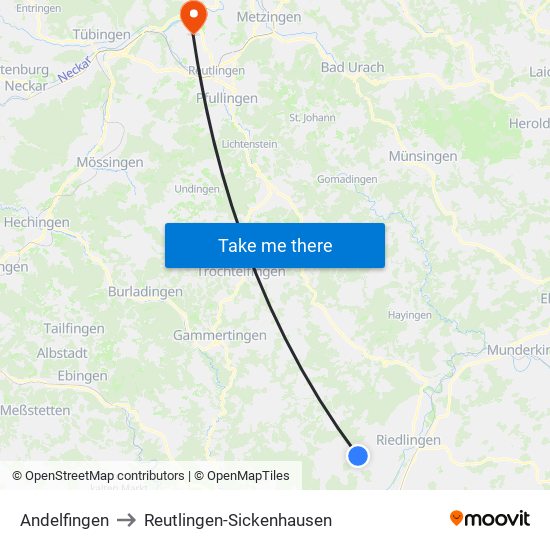 Andelfingen to Reutlingen-Sickenhausen map