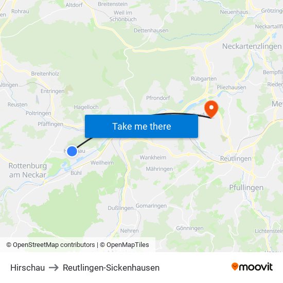 Hirschau to Reutlingen-Sickenhausen map