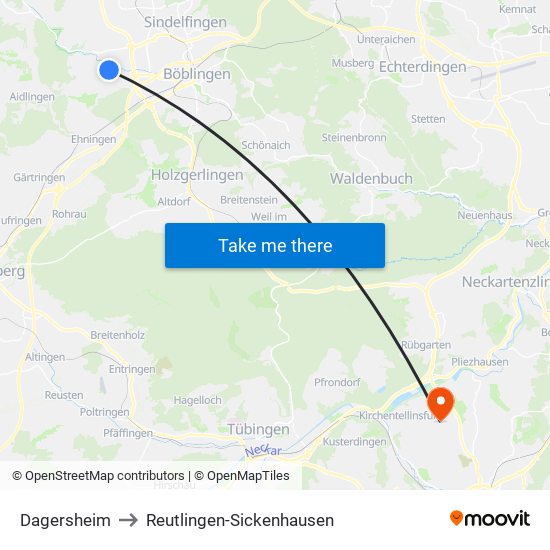 Dagersheim to Reutlingen-Sickenhausen map