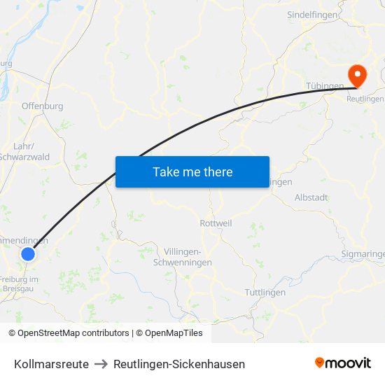 Kollmarsreute to Reutlingen-Sickenhausen map