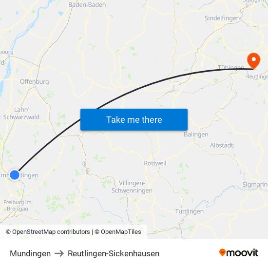 Mundingen to Reutlingen-Sickenhausen map