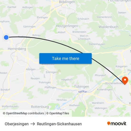 Oberjesingen to Reutlingen-Sickenhausen map