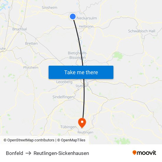 Bonfeld to Reutlingen-Sickenhausen map