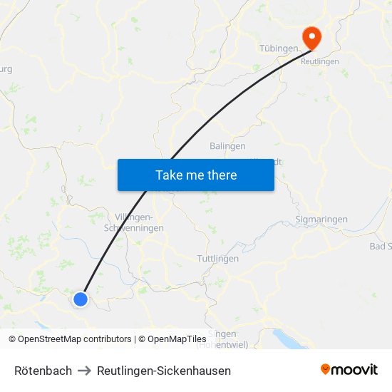 Rötenbach to Reutlingen-Sickenhausen map