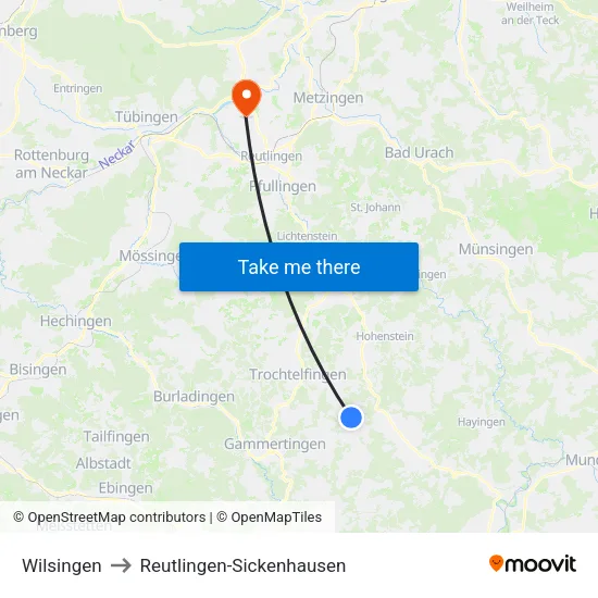 Wilsingen to Reutlingen-Sickenhausen map