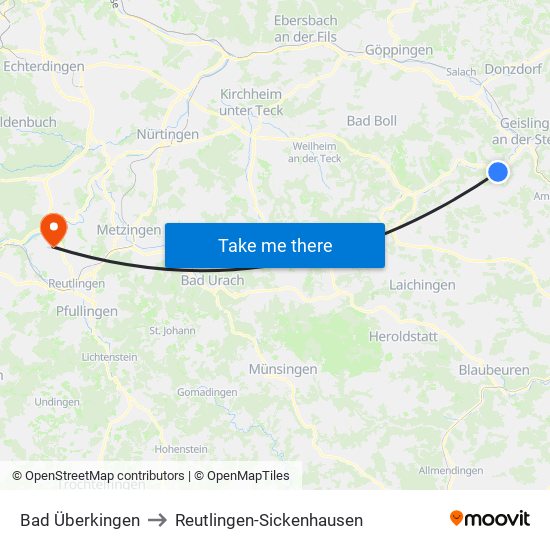 Bad Überkingen to Reutlingen-Sickenhausen map