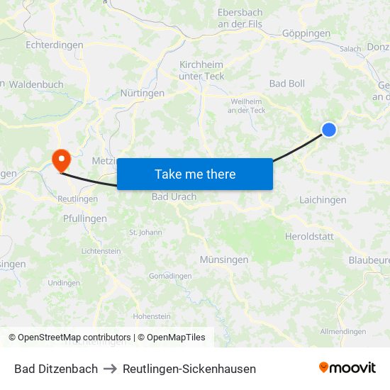 Bad Ditzenbach to Reutlingen-Sickenhausen map