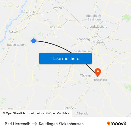 Bad Herrenalb to Reutlingen-Sickenhausen map