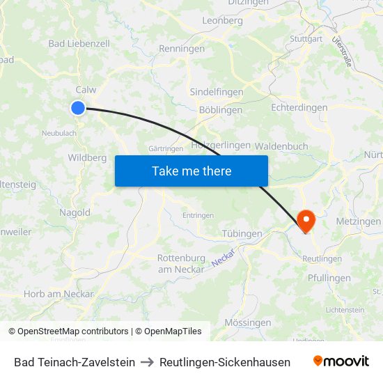 Bad Teinach-Zavelstein to Reutlingen-Sickenhausen map