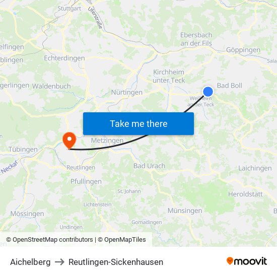 Aichelberg to Reutlingen-Sickenhausen map