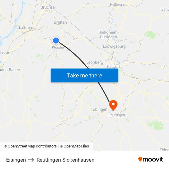 Eisingen to Reutlingen-Sickenhausen map