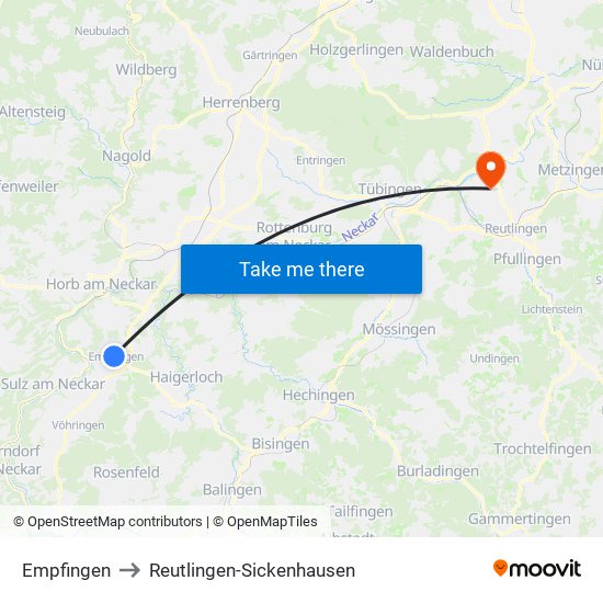 Empfingen to Reutlingen-Sickenhausen map