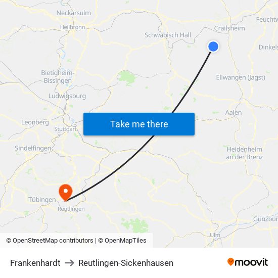 Frankenhardt to Reutlingen-Sickenhausen map