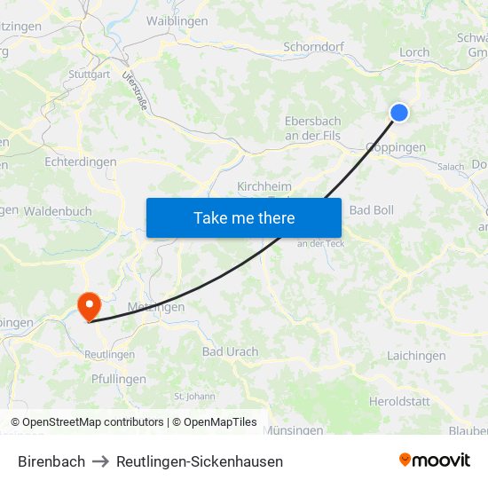 Birenbach to Reutlingen-Sickenhausen map