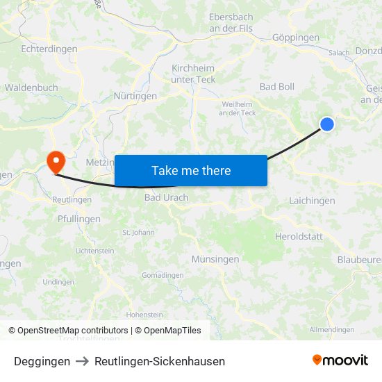 Deggingen to Reutlingen-Sickenhausen map