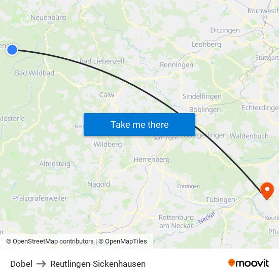 Dobel to Reutlingen-Sickenhausen map