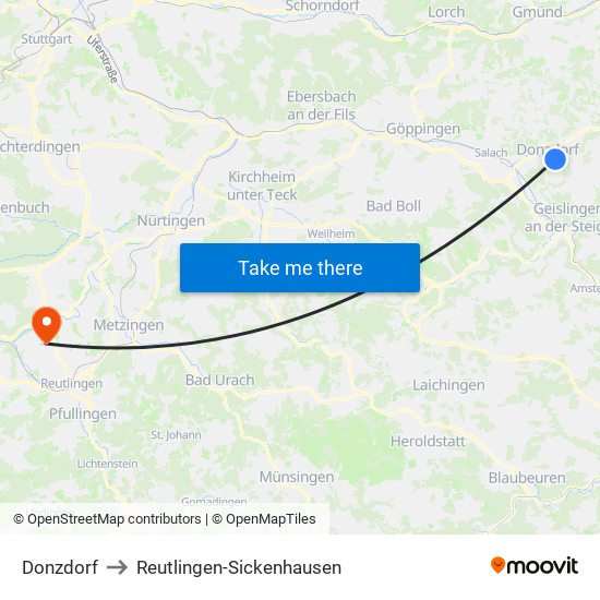 Donzdorf to Reutlingen-Sickenhausen map