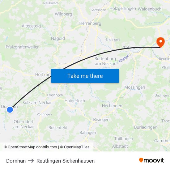 Dornhan to Reutlingen-Sickenhausen map