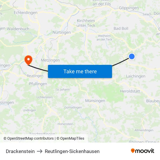 Drackenstein to Reutlingen-Sickenhausen map