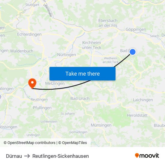 Dürnau to Reutlingen-Sickenhausen map